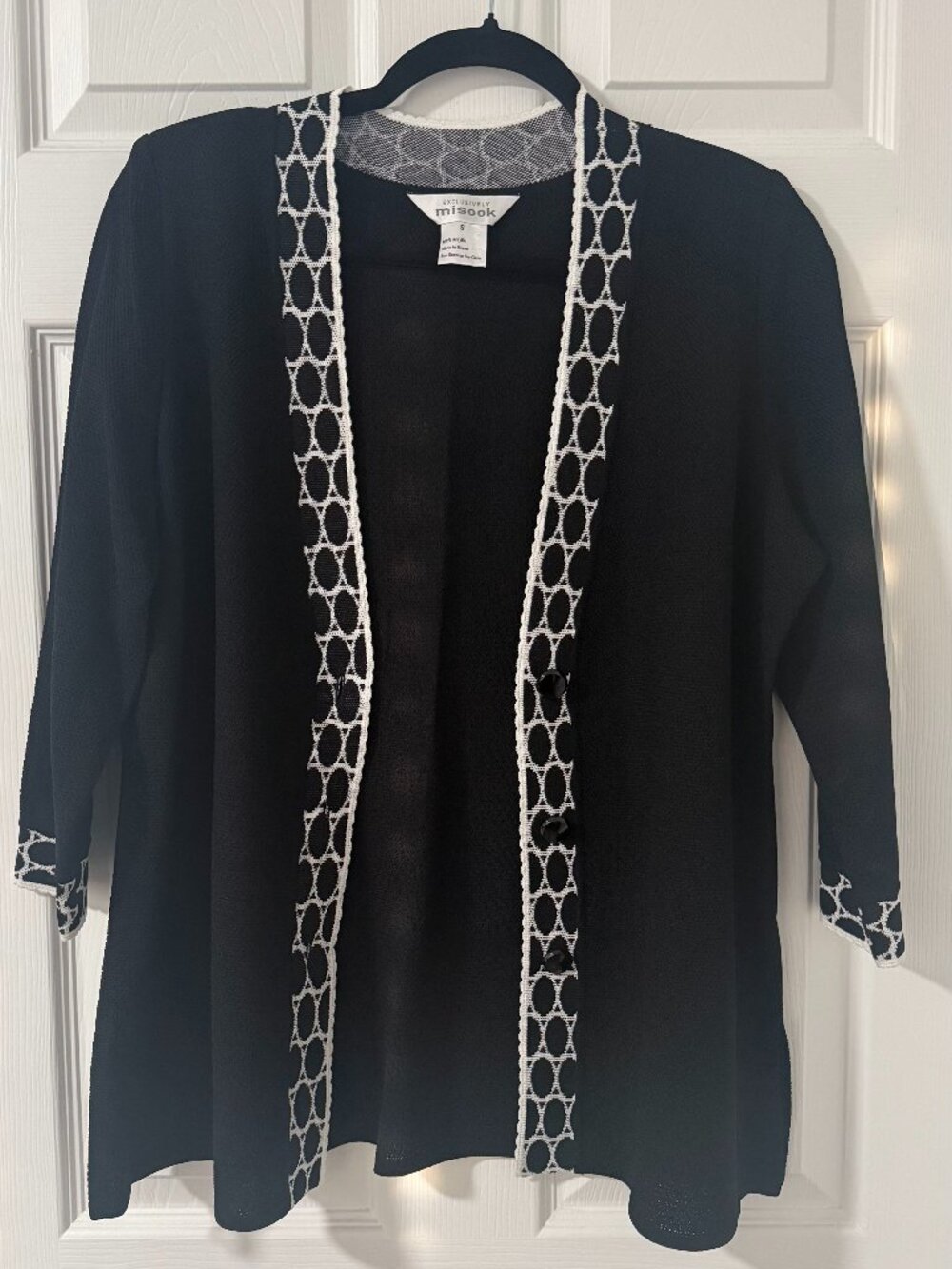 Exclusively Misook Black Knit Cardigan White Trim Small